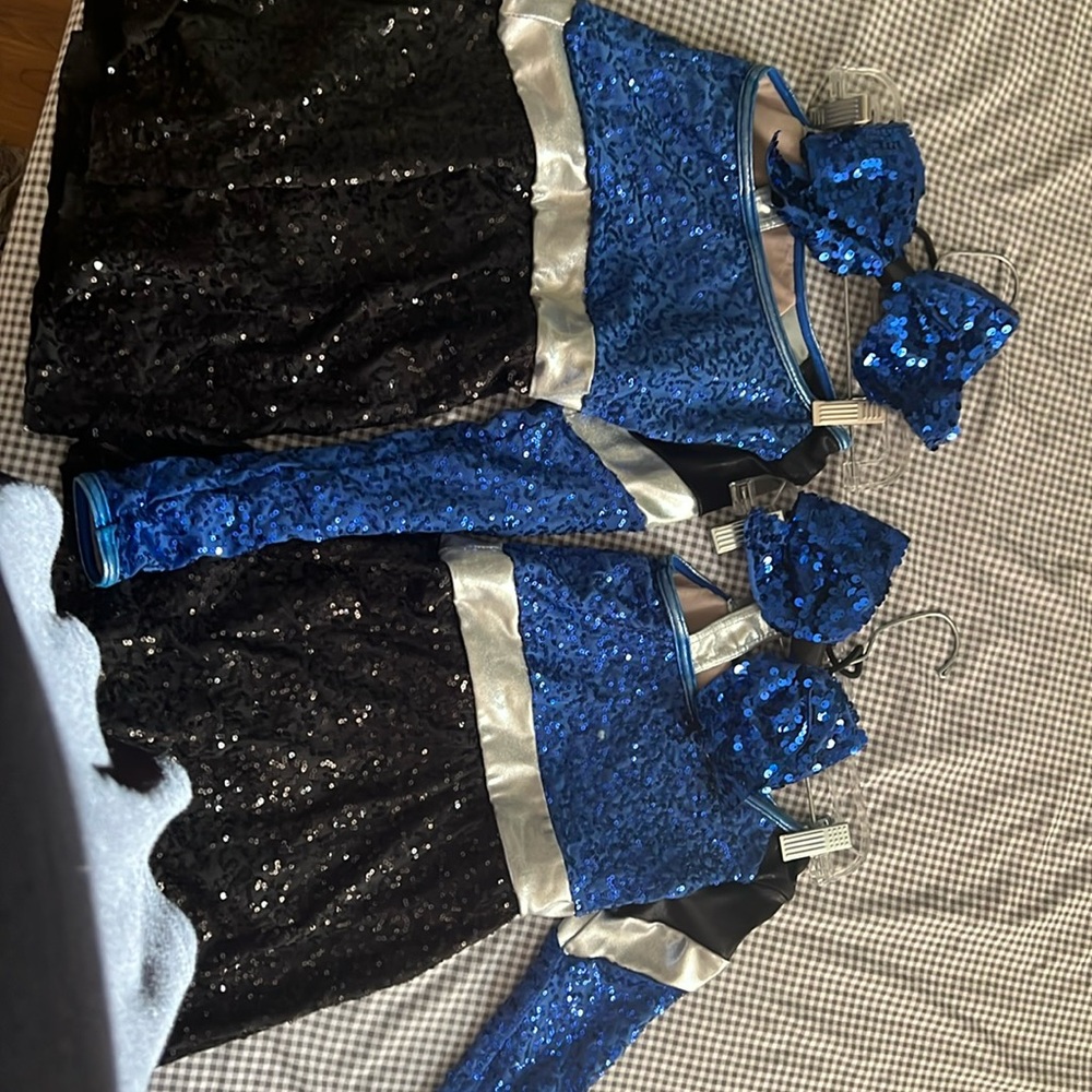Blue, silver and black acro dance costumes